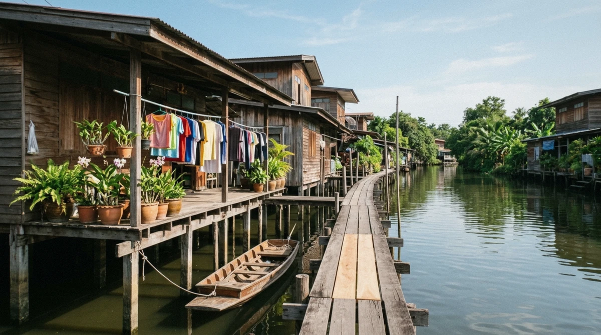 A vendor paddling a narrow wooden boat past canal-side wooden houses near one of the floating markets close to Bangkok