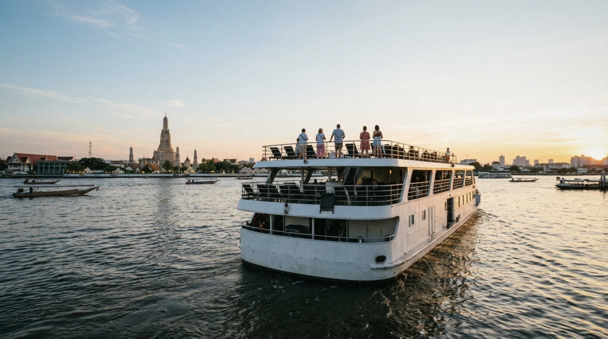 Longtail boats on the Chao Phraya river at dusk, evening light during a good time of day for a Bangkok boat tour